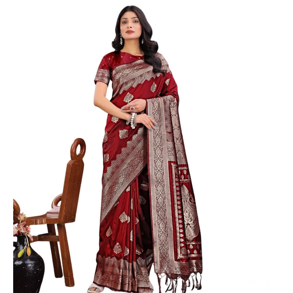 Snuggle Spot Women's Silk Printed Saree With Unstitched Blouse 5.5Mtr (Maroon)