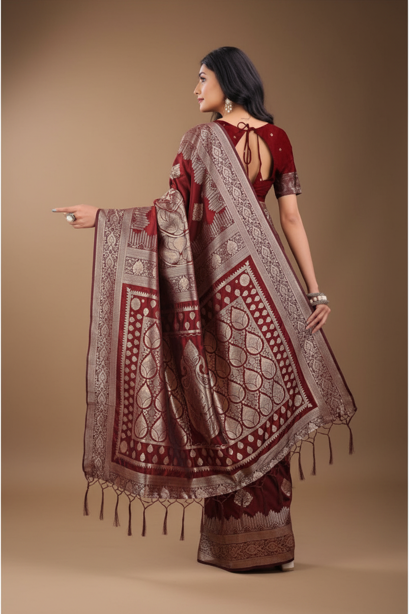 Snuggle Spot Women's Silk Printed Saree With Unstitched Blouse 5.5Mtr (Maroon)