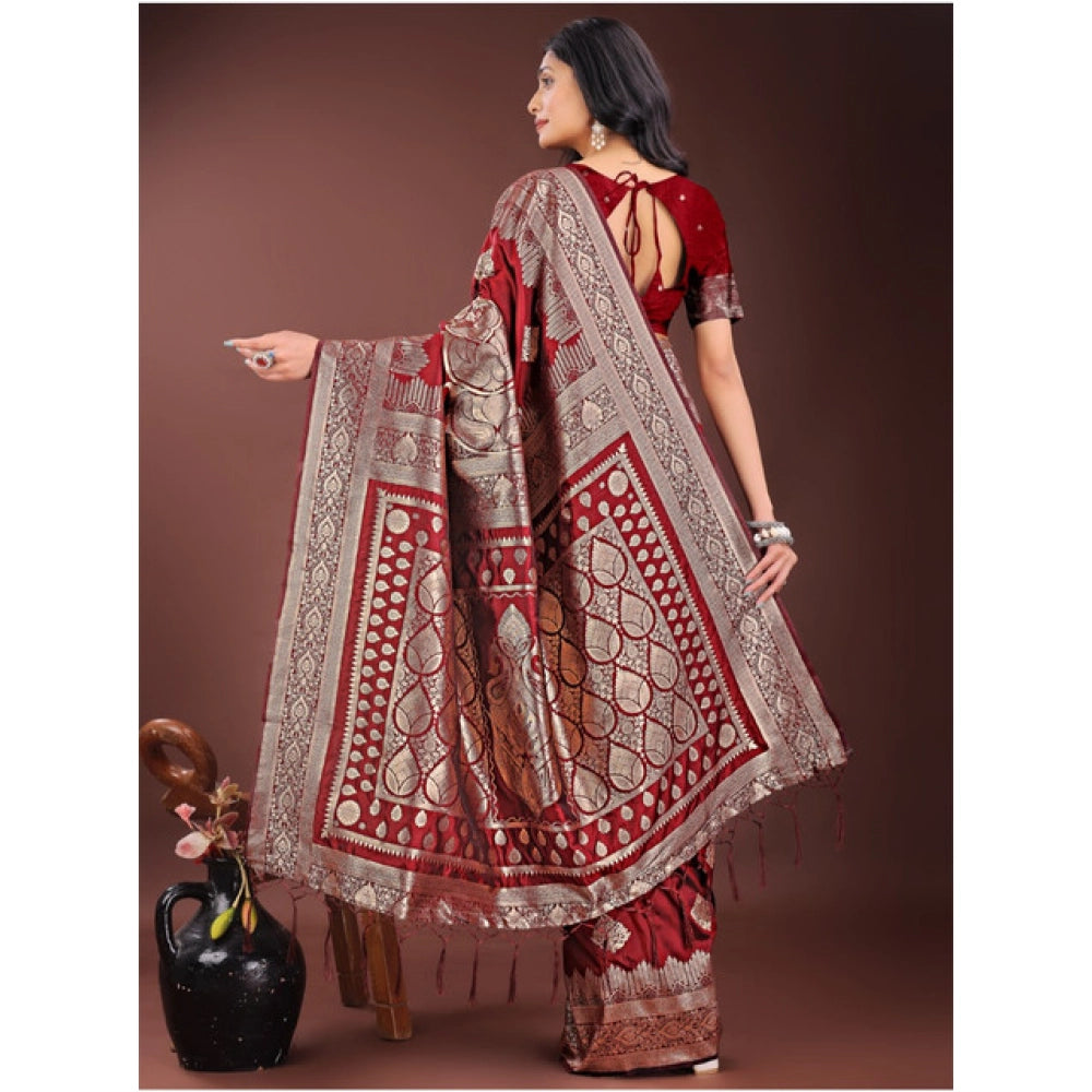 Snuggle Spot Women's Silk Printed Saree With Unstitched Blouse 5.5Mtr (Maroon)