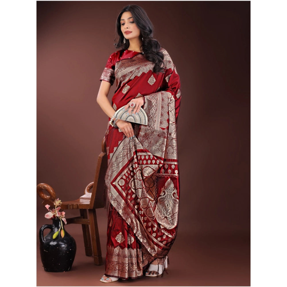 Snuggle Spot Women's Silk Printed Saree With Unstitched Blouse 5.5Mtr (Maroon)