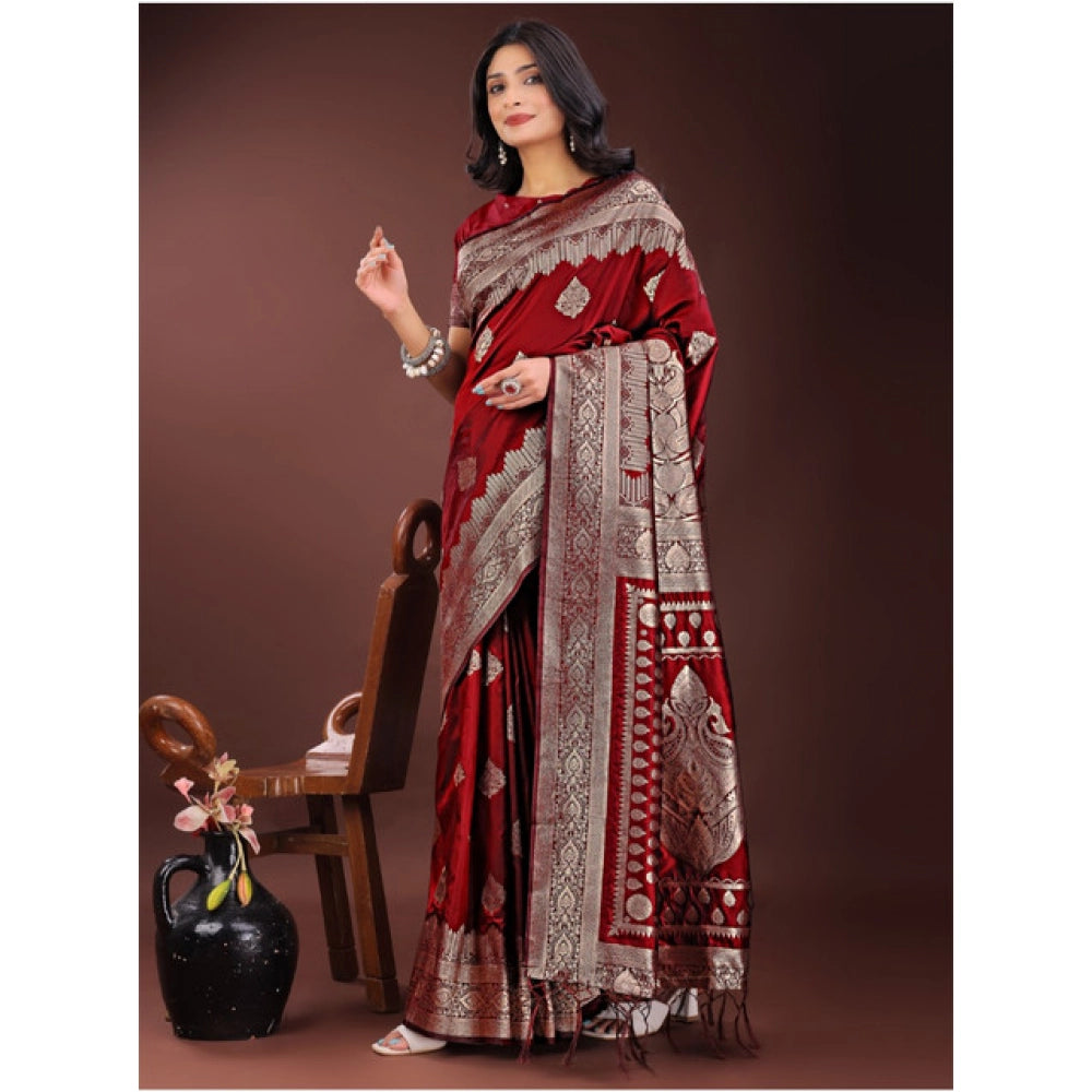 Snuggle Spot Women's Silk Printed Saree With Unstitched Blouse 5.5Mtr (Maroon)
