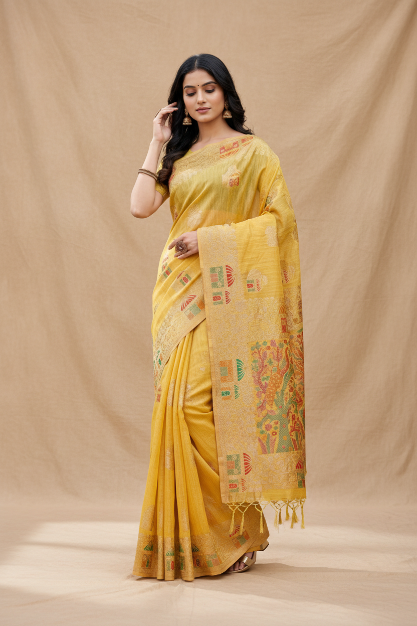 Snuggle Spot Women's Linen Cotton Printed Saree With Unstitched Blouse 5.5Mtr (Yellow)
