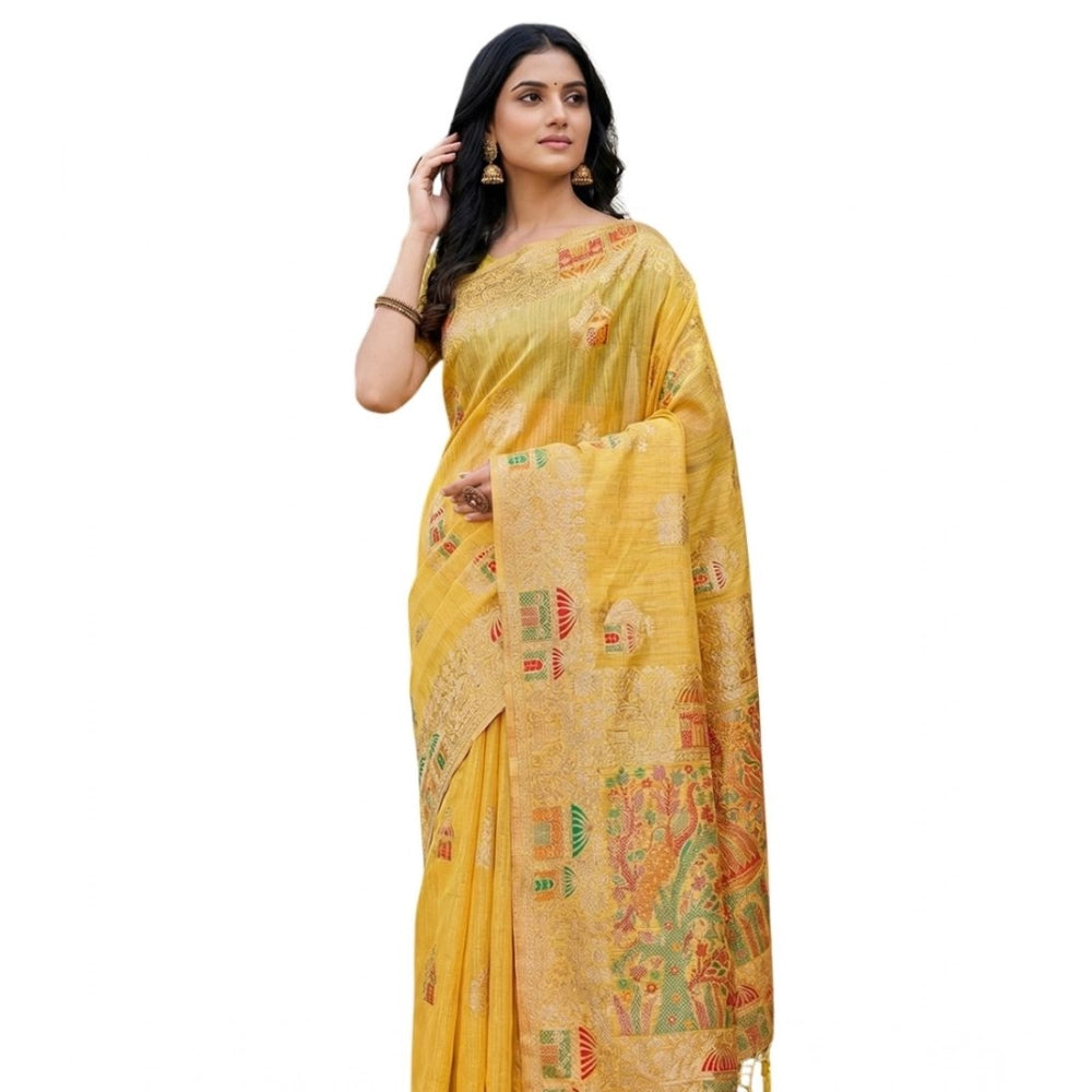 Snuggle Spot Women's Linen Cotton Printed Saree With Unstitched Blouse 5.5Mtr (Yellow)