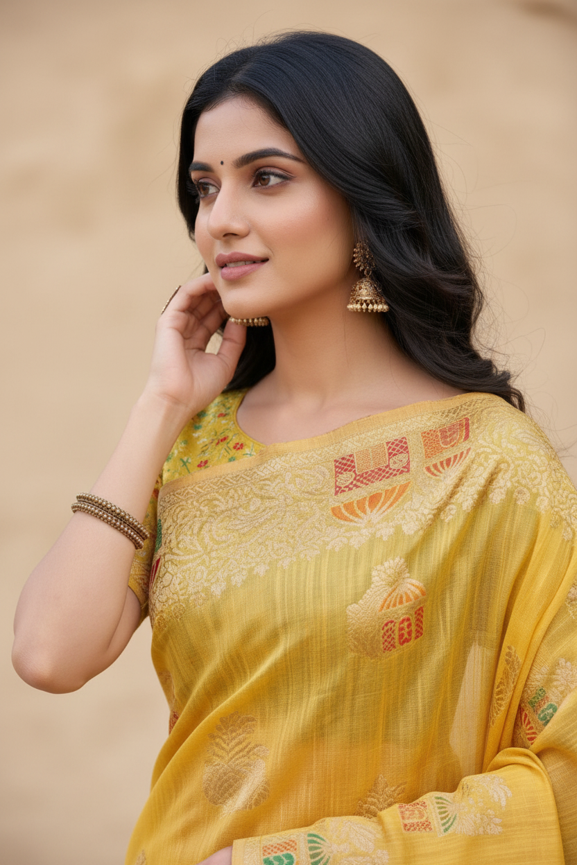 Snuggle Spot Women's Linen Cotton Printed Saree With Unstitched Blouse 5.5Mtr (Yellow)