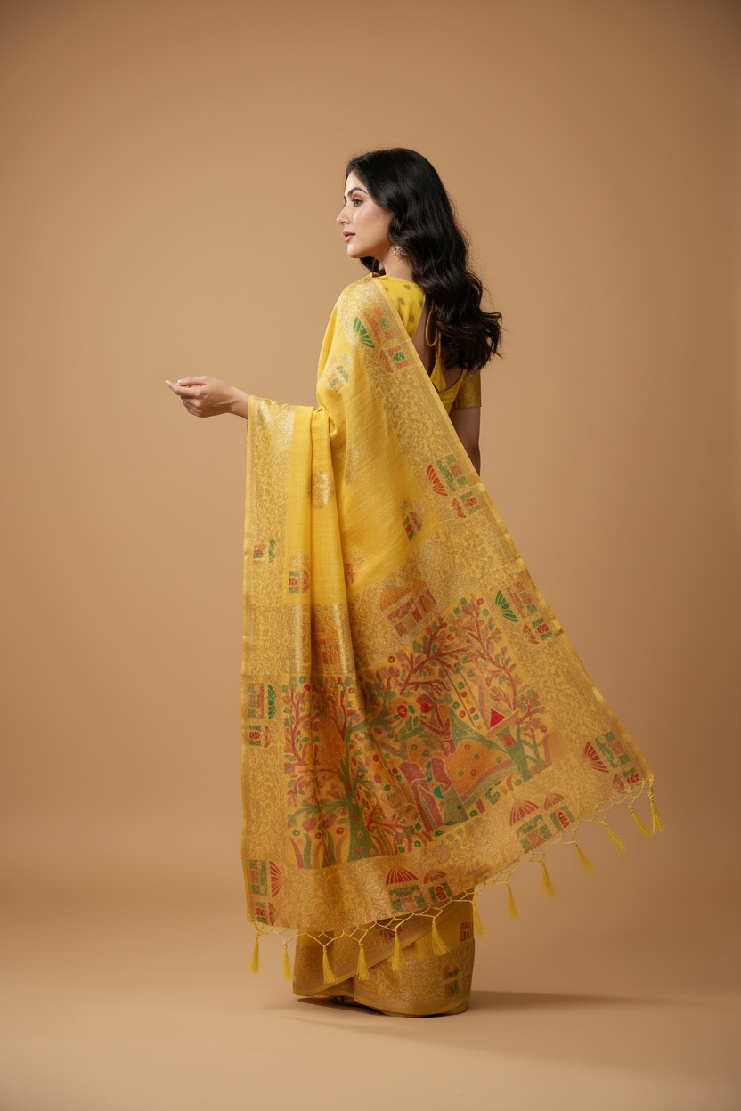 Snuggle Spot Women's Linen Cotton Printed Saree With Unstitched Blouse 5.5Mtr (Yellow)