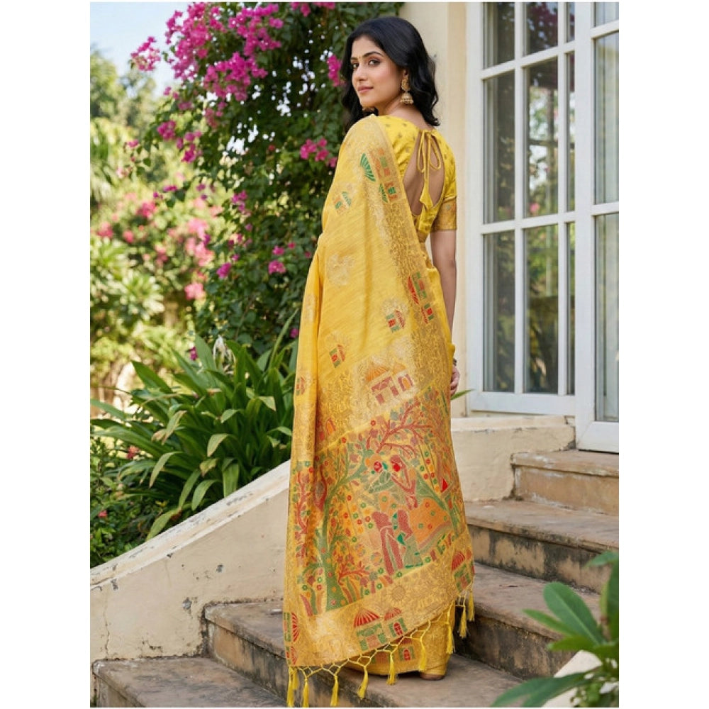 Snuggle Spot Women's Linen Cotton Printed Saree With Unstitched Blouse 5.5Mtr (Yellow)