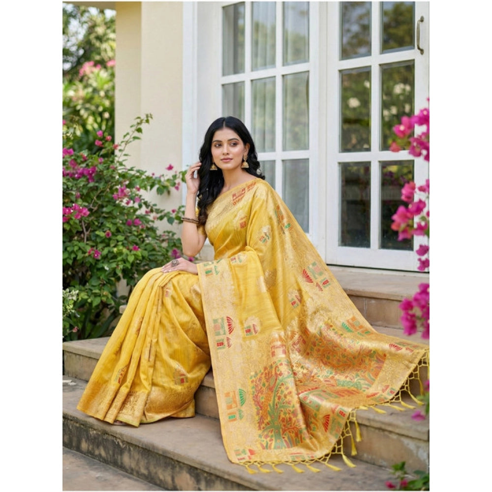 Snuggle Spot Women's Linen Cotton Printed Saree With Unstitched Blouse 5.5Mtr (Yellow)