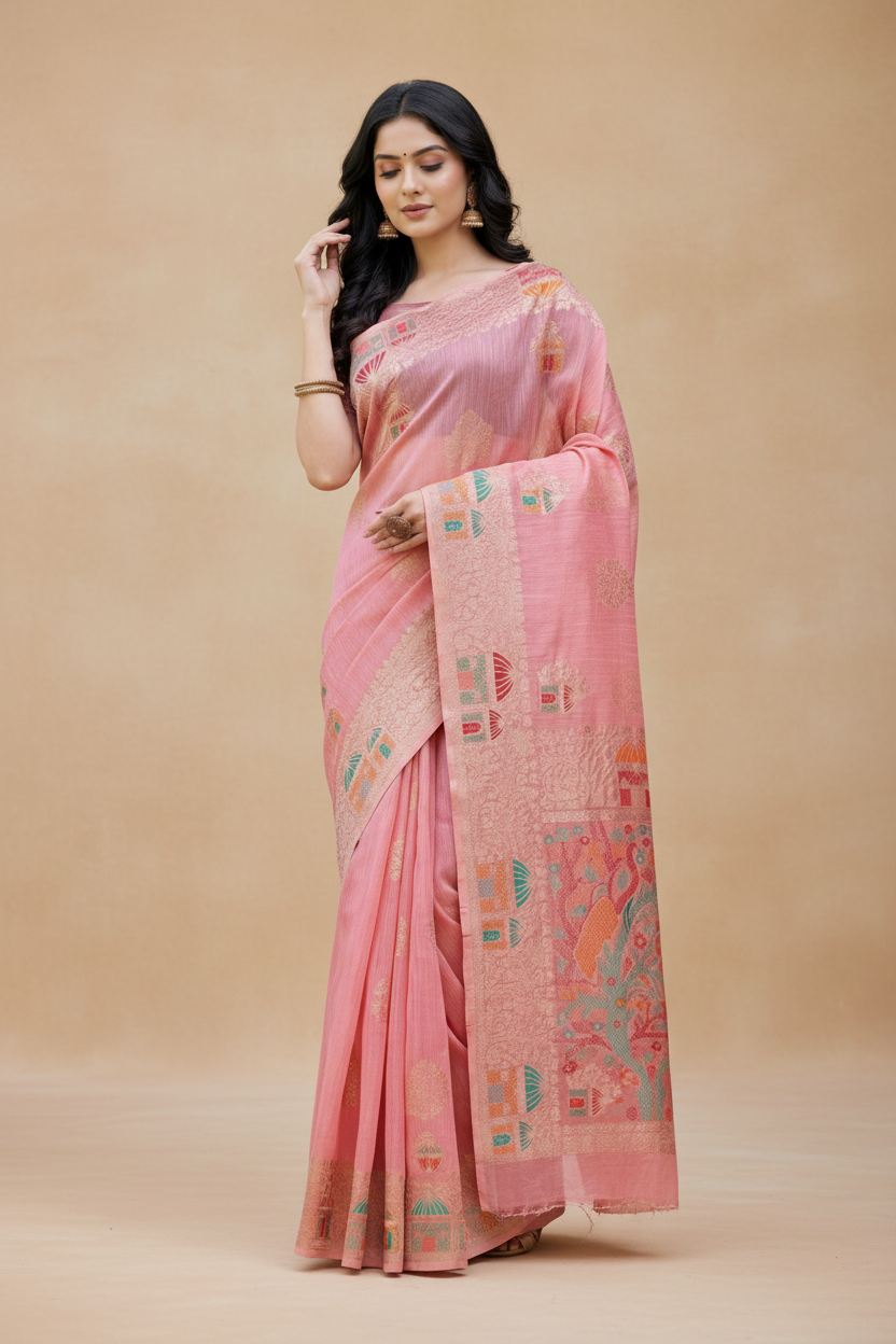 Snuggle Spot Women's Linen Cotton Printed Saree With Unstitched Blouse 5.5Mtr (Pink)