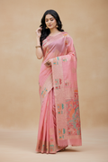 Snuggle Spot Women's Linen Cotton Printed Saree With Unstitched Blouse 5.5Mtr (Pink)