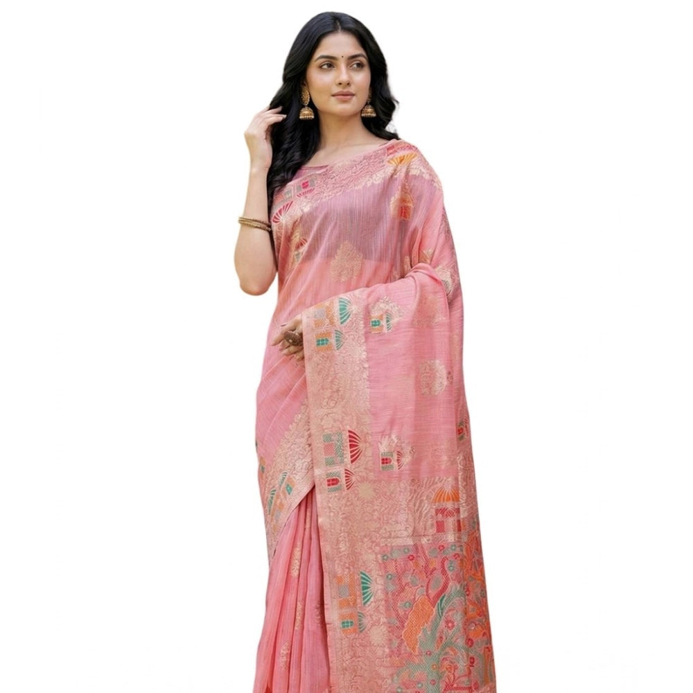 Snuggle Spot Women's Linen Cotton Printed Saree With Unstitched Blouse 5.5Mtr (Pink)