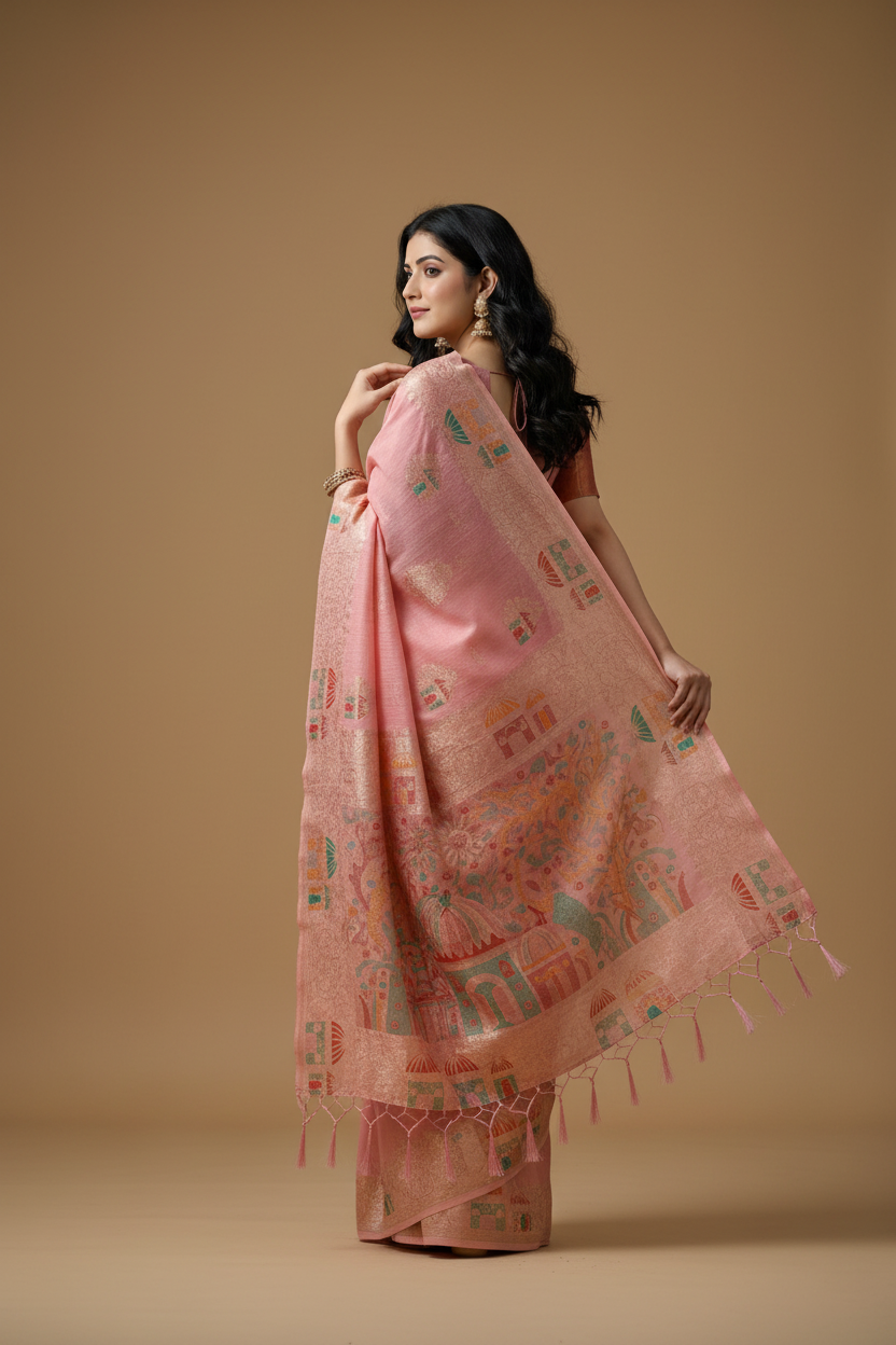 Snuggle Spot Women's Linen Cotton Printed Saree With Unstitched Blouse 5.5Mtr (Pink)