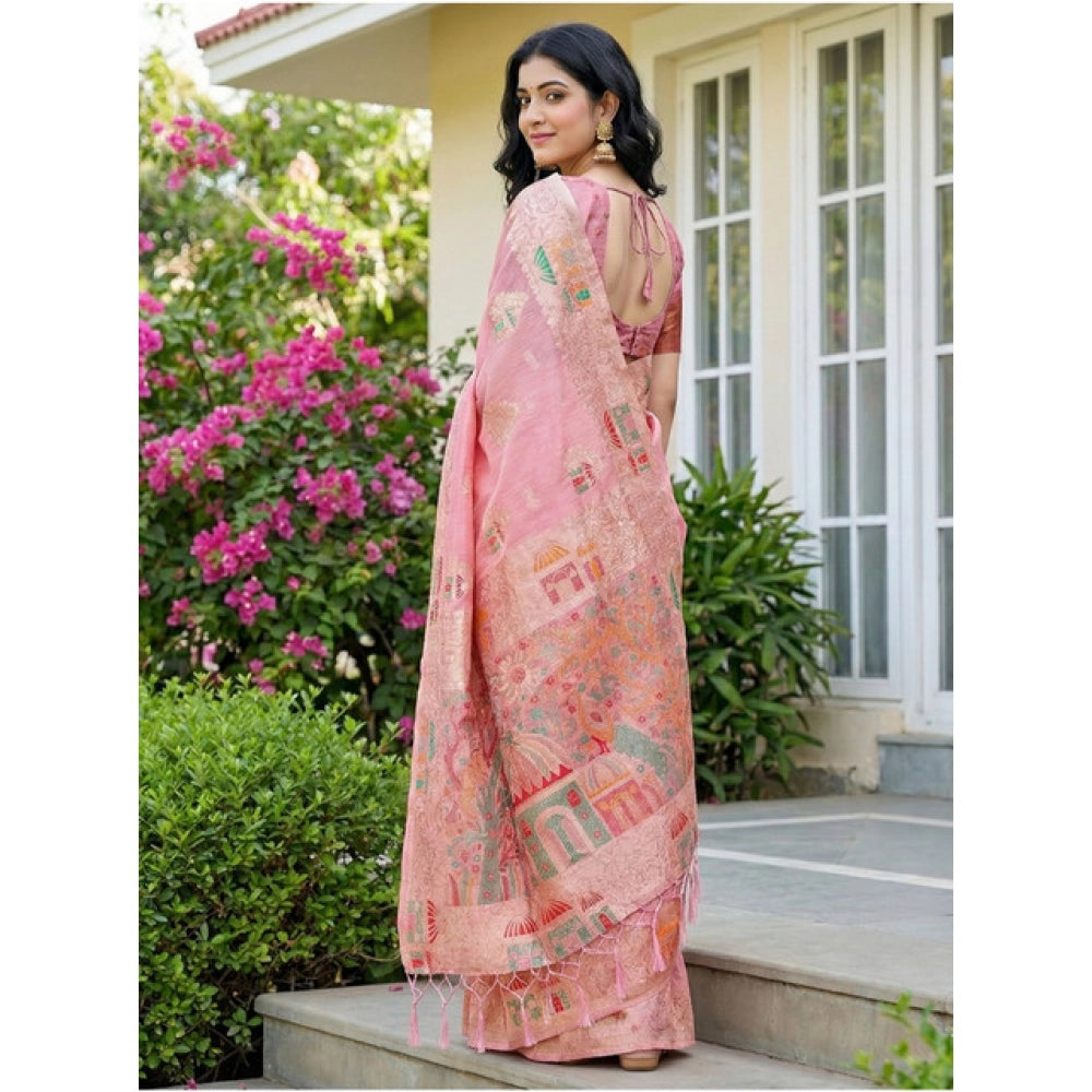 Snuggle Spot Women's Linen Cotton Printed Saree With Unstitched Blouse 5.5Mtr (Pink)