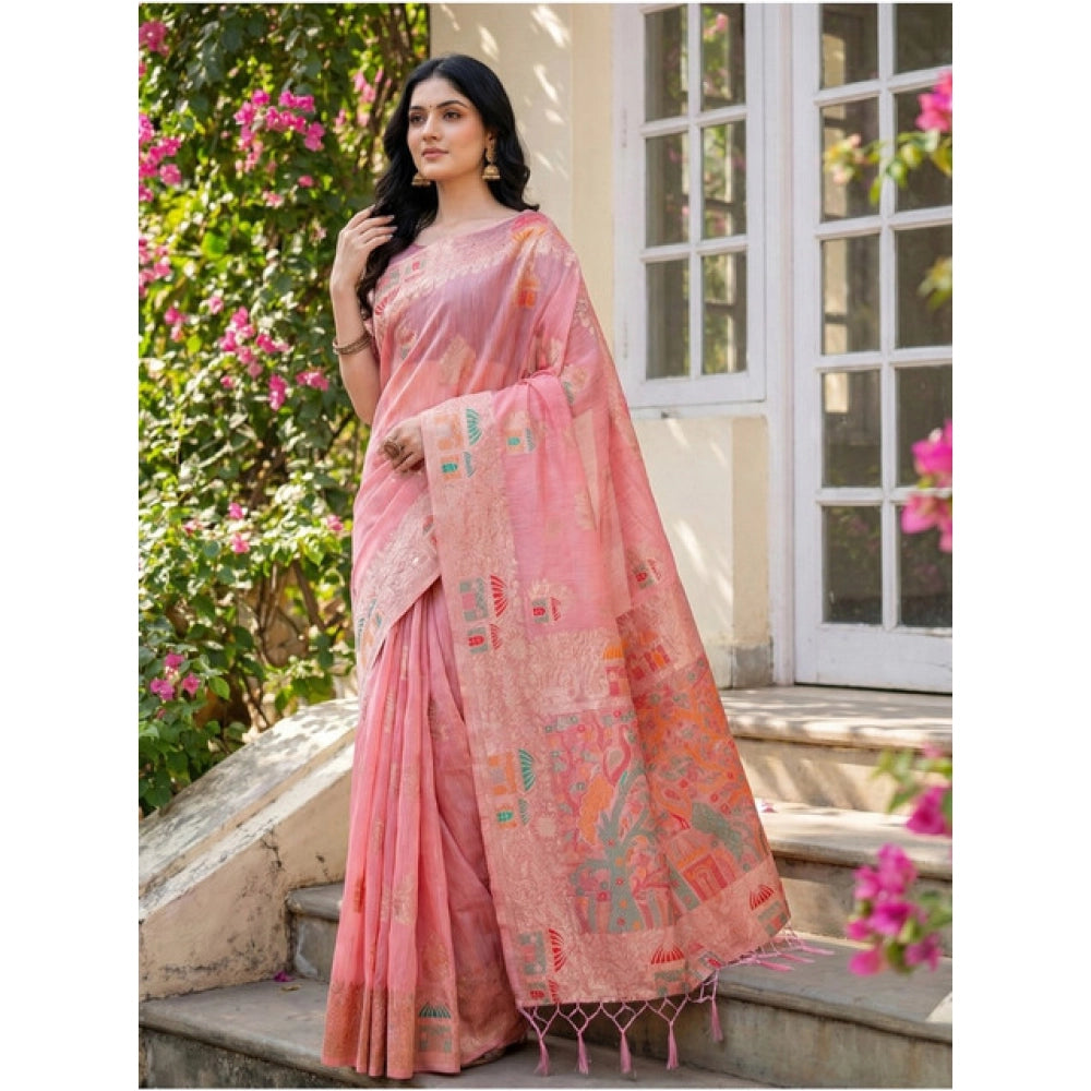 Snuggle Spot Women's Linen Cotton Printed Saree With Unstitched Blouse 5.5Mtr (Pink)