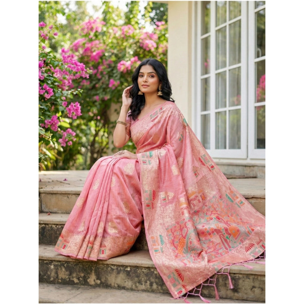 Snuggle Spot Women's Linen Cotton Printed Saree With Unstitched Blouse 5.5Mtr (Pink)