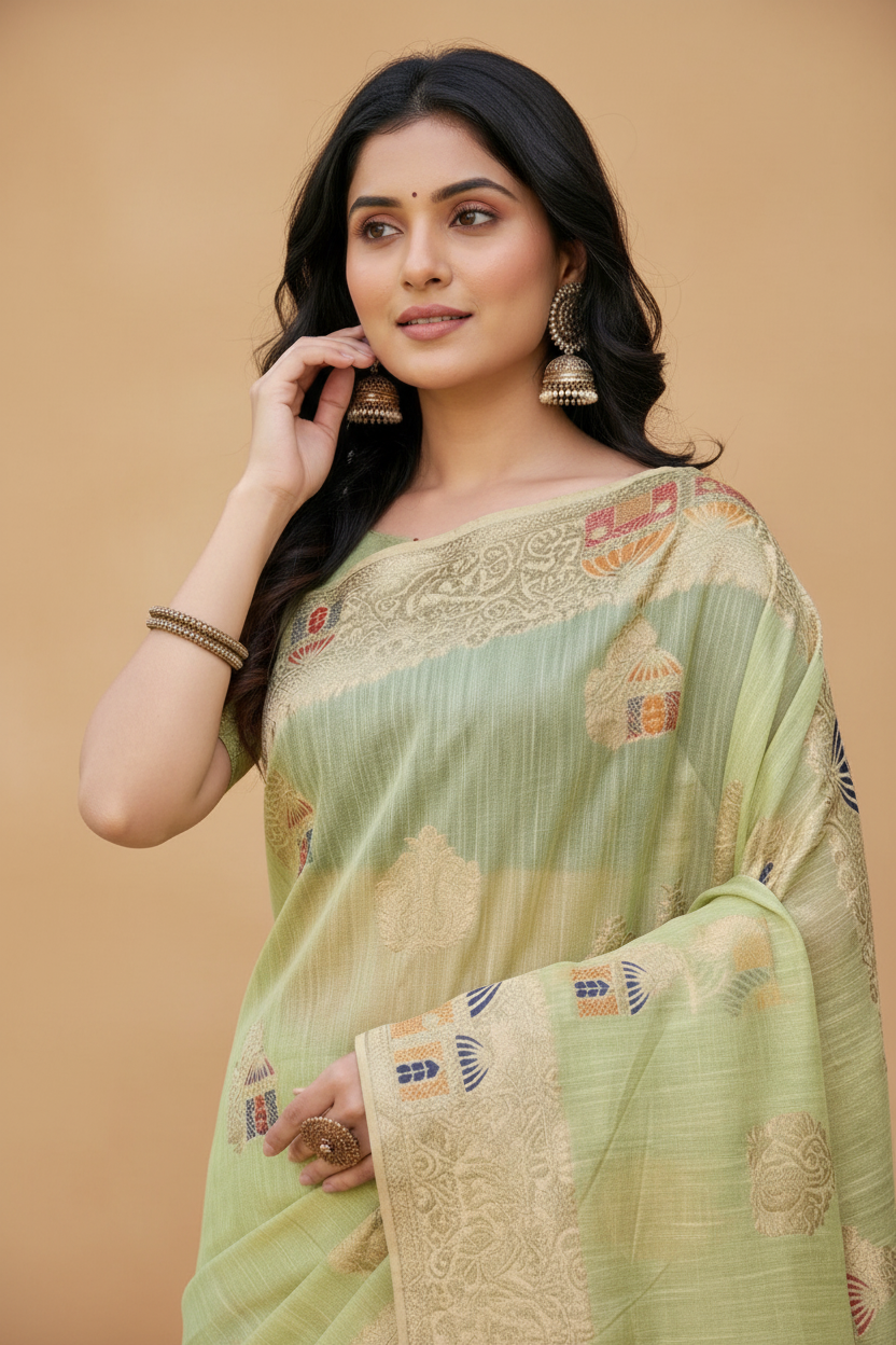 Snuggle Spot Women's Linen Cotton Printed Saree With Unstitched Blouse 5.5Mtr (Light Green)