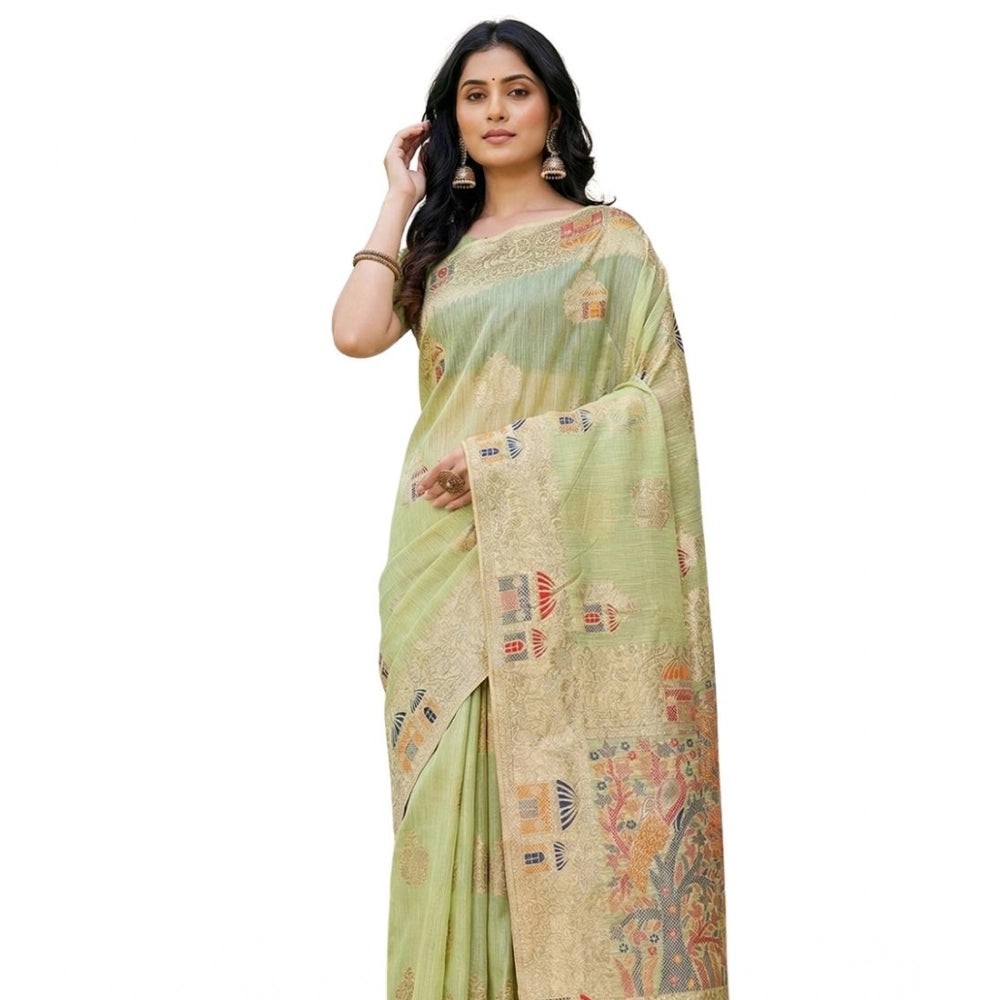 Snuggle Spot Women's Linen Cotton Printed Saree With Unstitched Blouse 5.5Mtr (Light Green)
