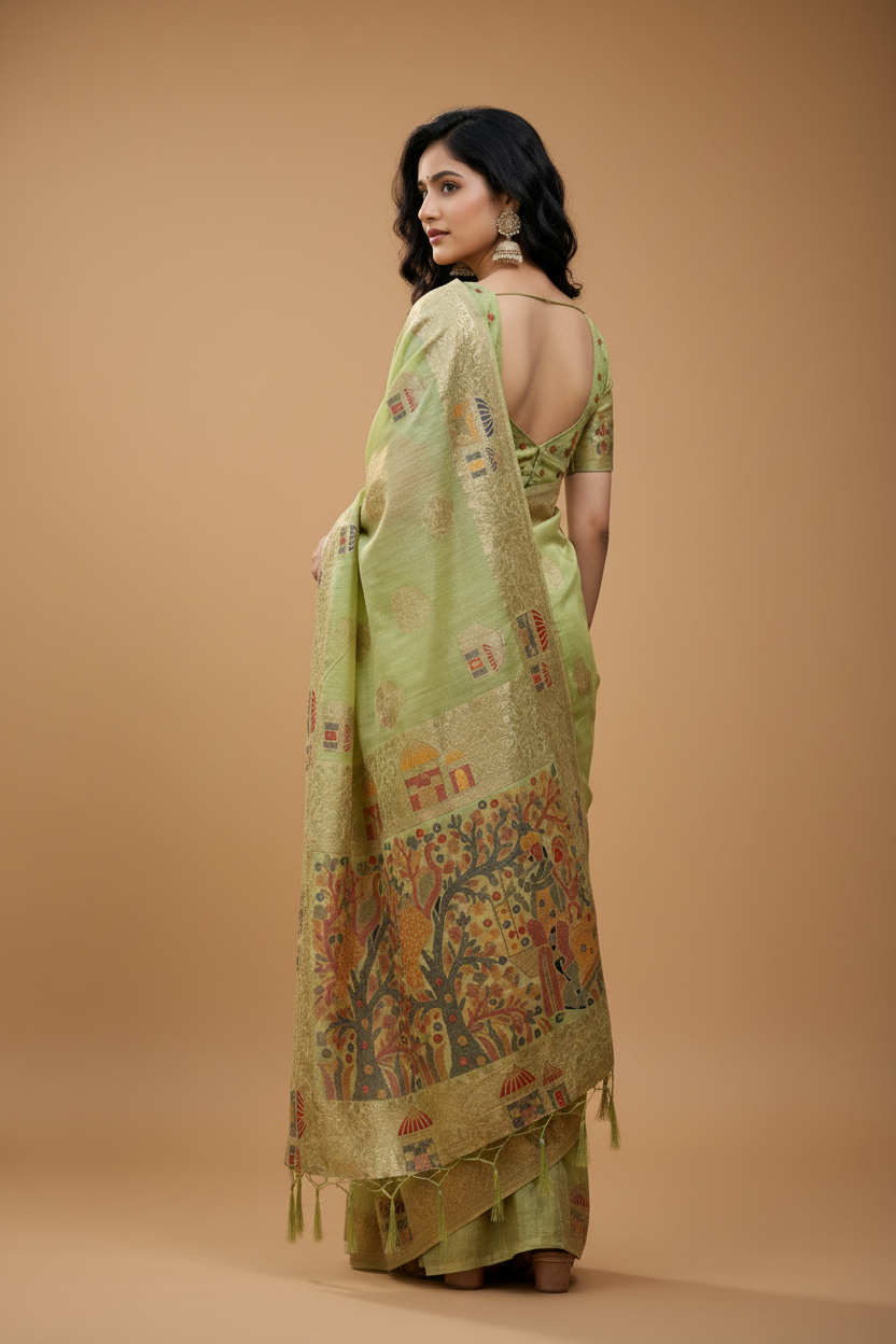 Snuggle Spot Women's Linen Cotton Printed Saree With Unstitched Blouse 5.5Mtr (Light Green)