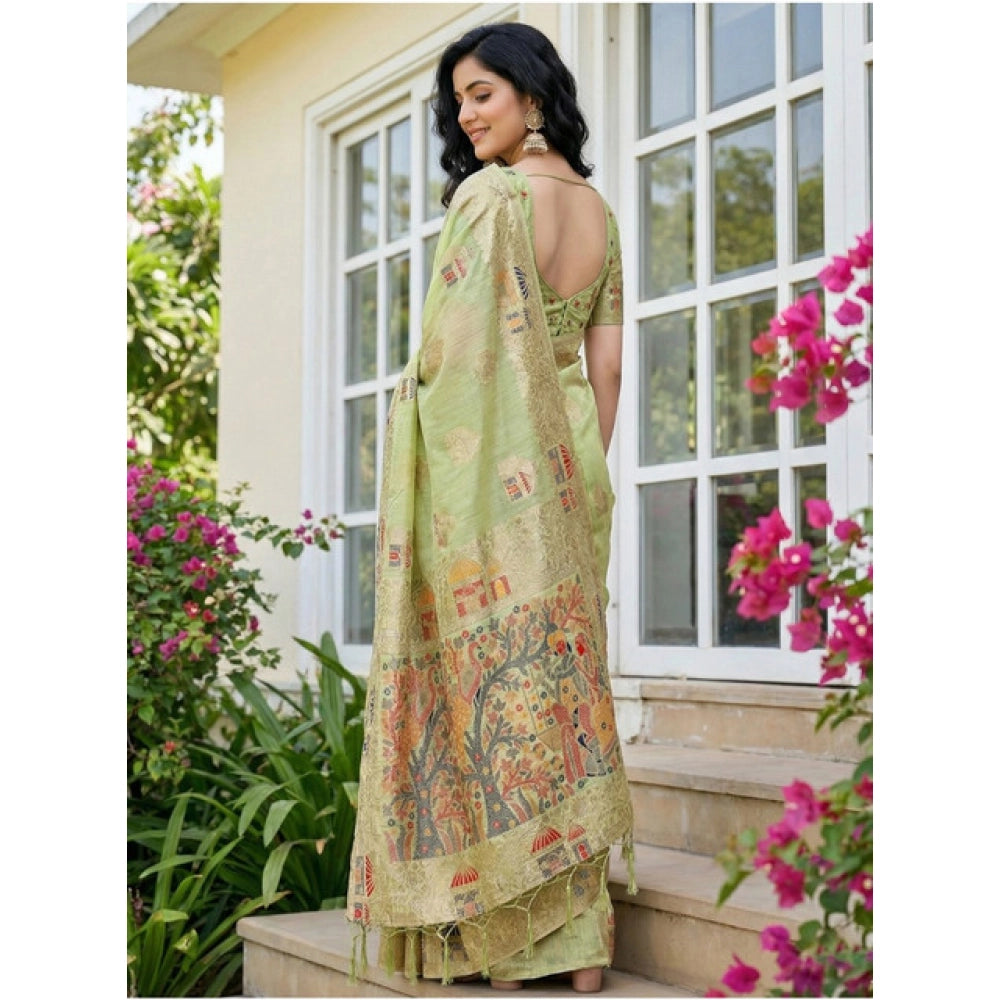 Snuggle Spot Women's Linen Cotton Printed Saree With Unstitched Blouse 5.5Mtr (Light Green)
