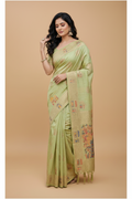 Snuggle Spot Women's Linen Cotton Printed Saree With Unstitched Blouse 5.5Mtr (Light Green)