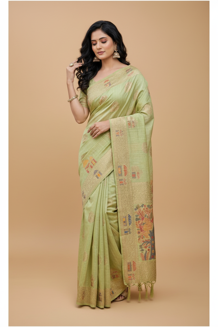 Snuggle Spot Women's Linen Cotton Printed Saree With Unstitched Blouse 5.5Mtr (Light Green)