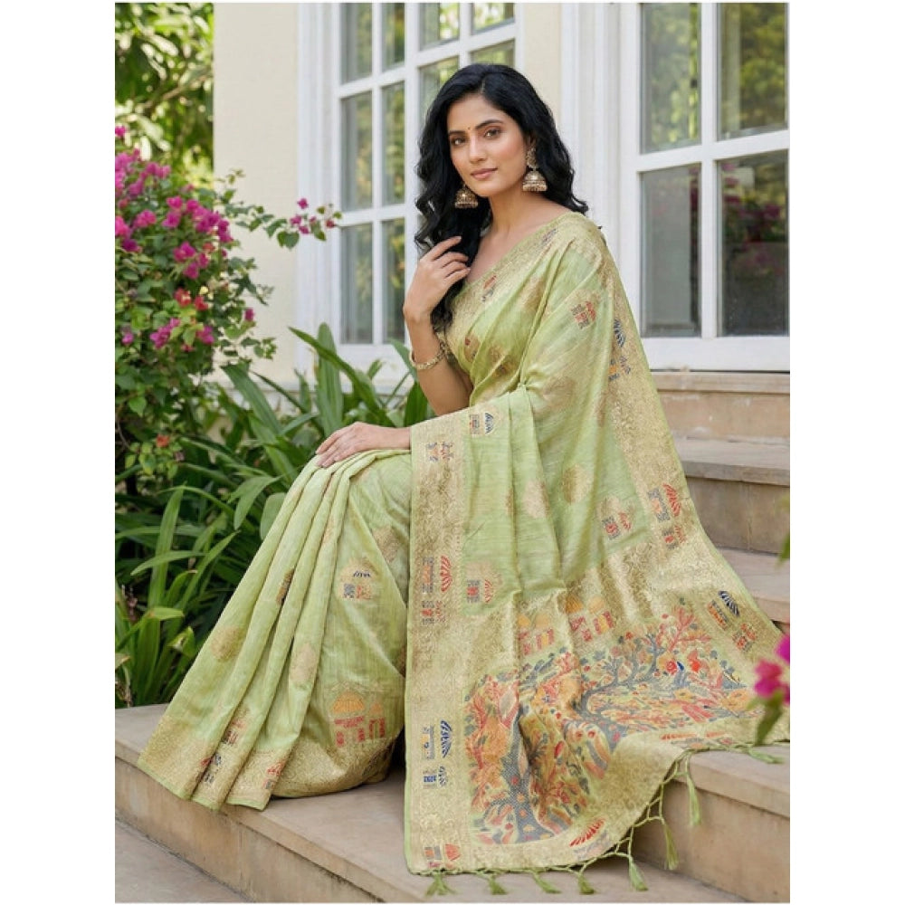 Snuggle Spot Women's Linen Cotton Printed Saree With Unstitched Blouse 5.5Mtr (Light Green)