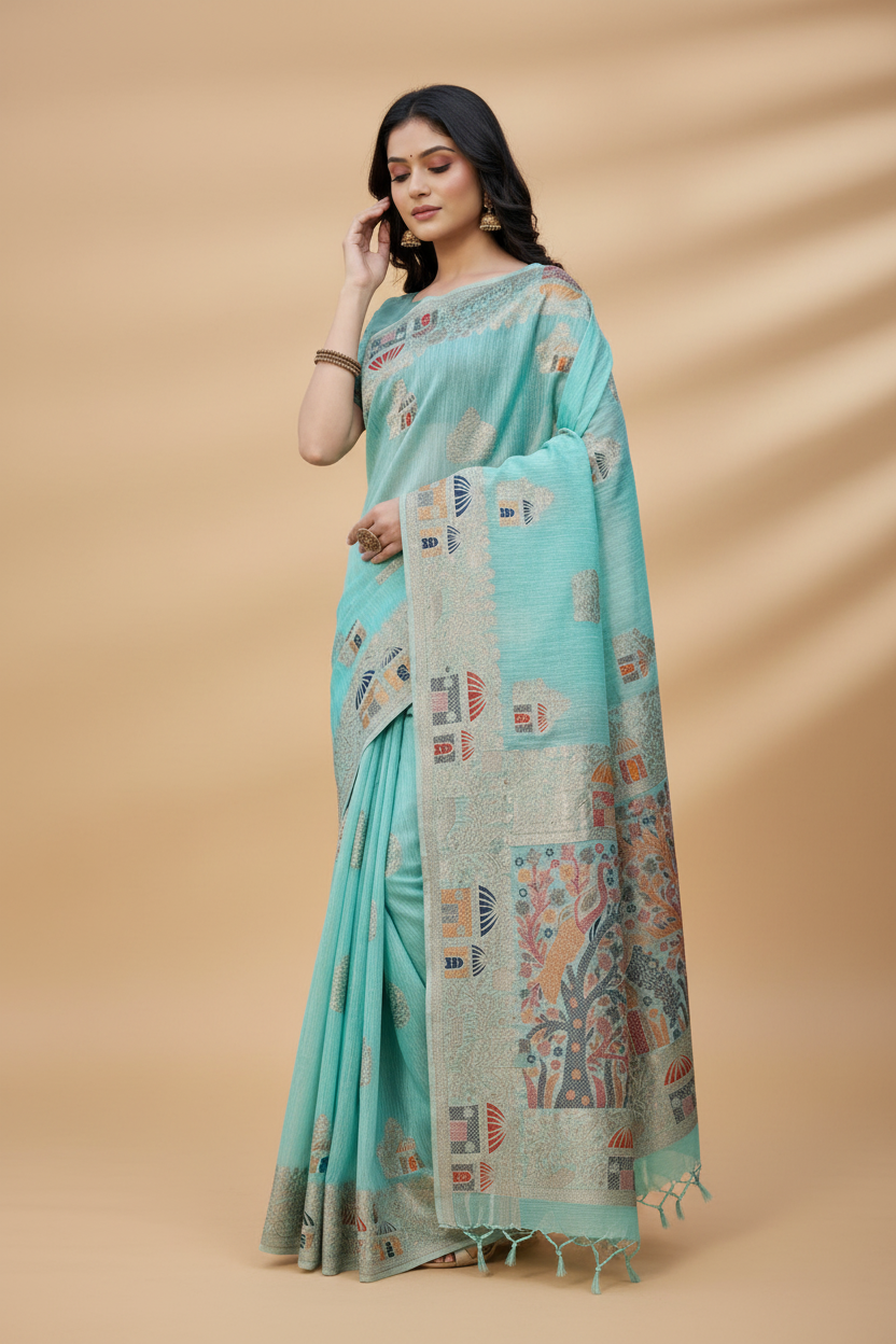 Snuggle Spot Women's Linen Cotton Printed Saree With Unstitched Blouse 5.5Mtr (Sky Blue)