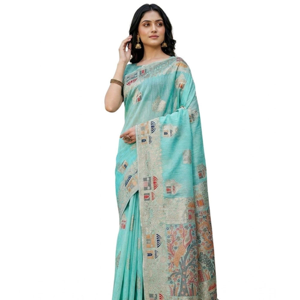 Snuggle Spot Women's Linen Cotton Printed Saree With Unstitched Blouse 5.5Mtr (Sky Blue)