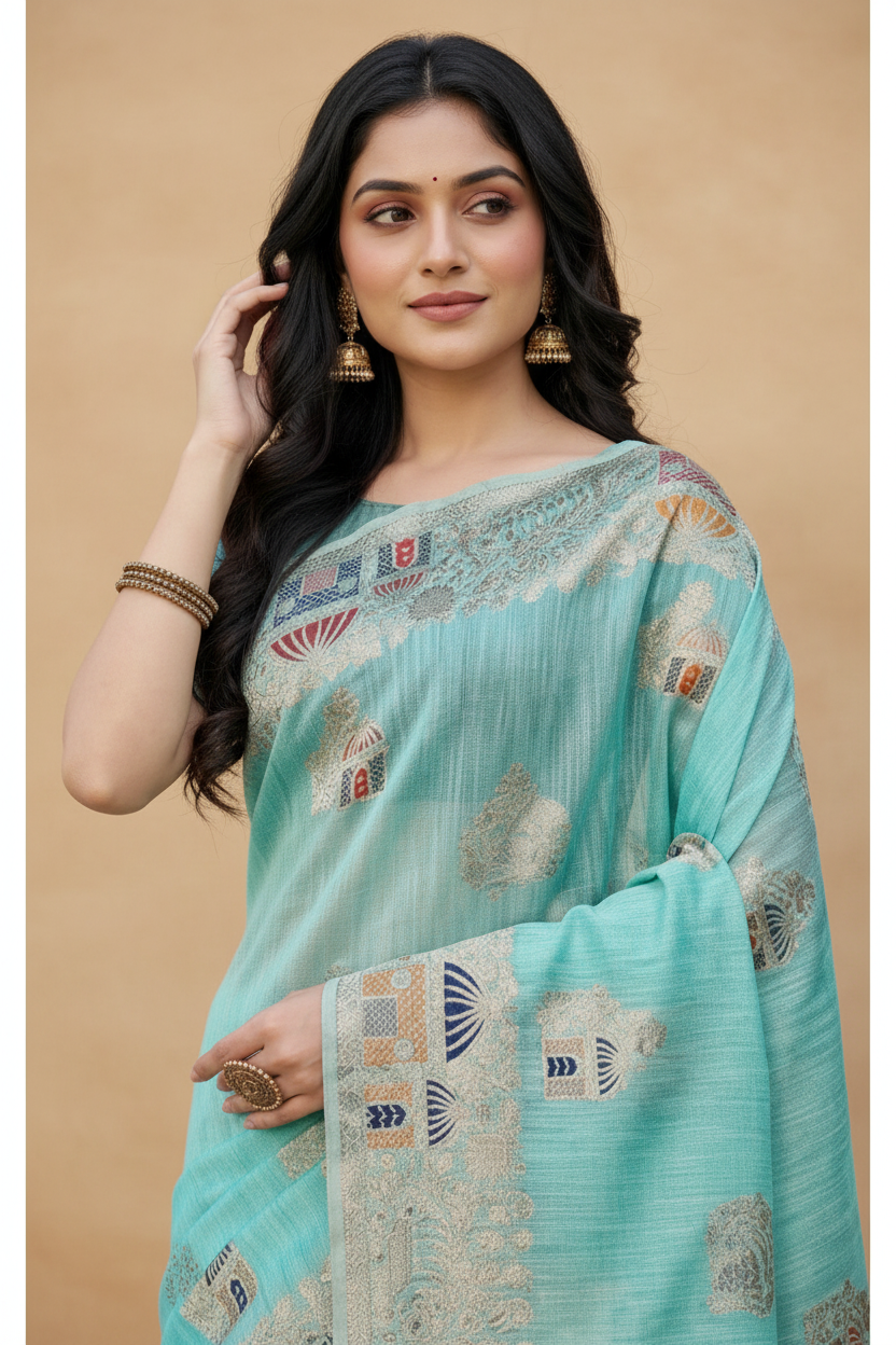 Snuggle Spot Women's Linen Cotton Printed Saree With Unstitched Blouse 5.5Mtr (Sky Blue)