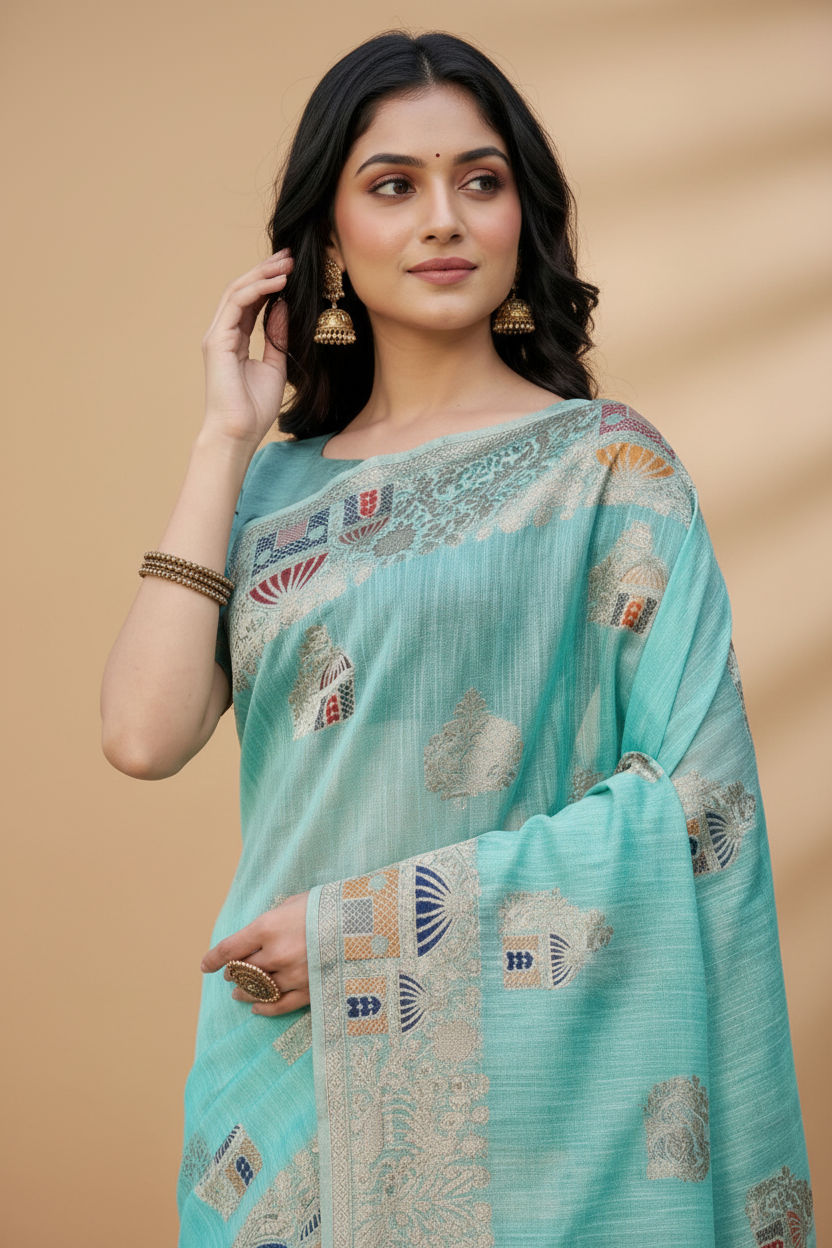Snuggle Spot Women's Linen Cotton Printed Saree With Unstitched Blouse 5.5Mtr (Sky Blue)