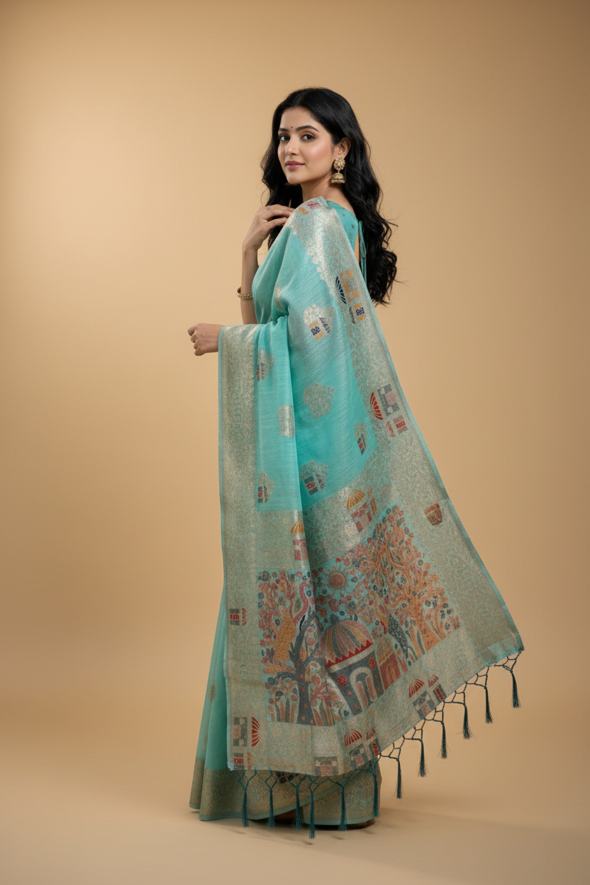 Snuggle Spot Women's Linen Cotton Printed Saree With Unstitched Blouse 5.5Mtr (Sky Blue)