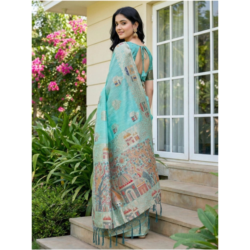 Snuggle Spot Women's Linen Cotton Printed Saree With Unstitched Blouse 5.5Mtr (Sky Blue)