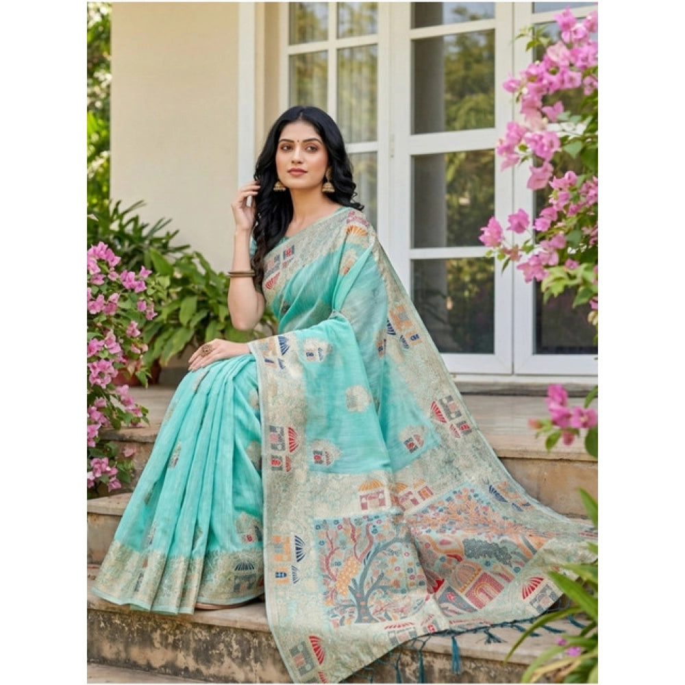Snuggle Spot Women's Linen Cotton Printed Saree With Unstitched Blouse 5.5Mtr (Sky Blue)