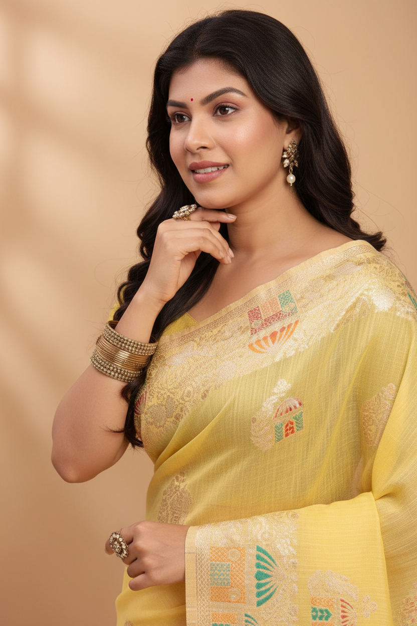Snuggle Spot Women's Linen Cotton Printed Saree With Unstitched Blouse 5.5Mtr (Yellow)