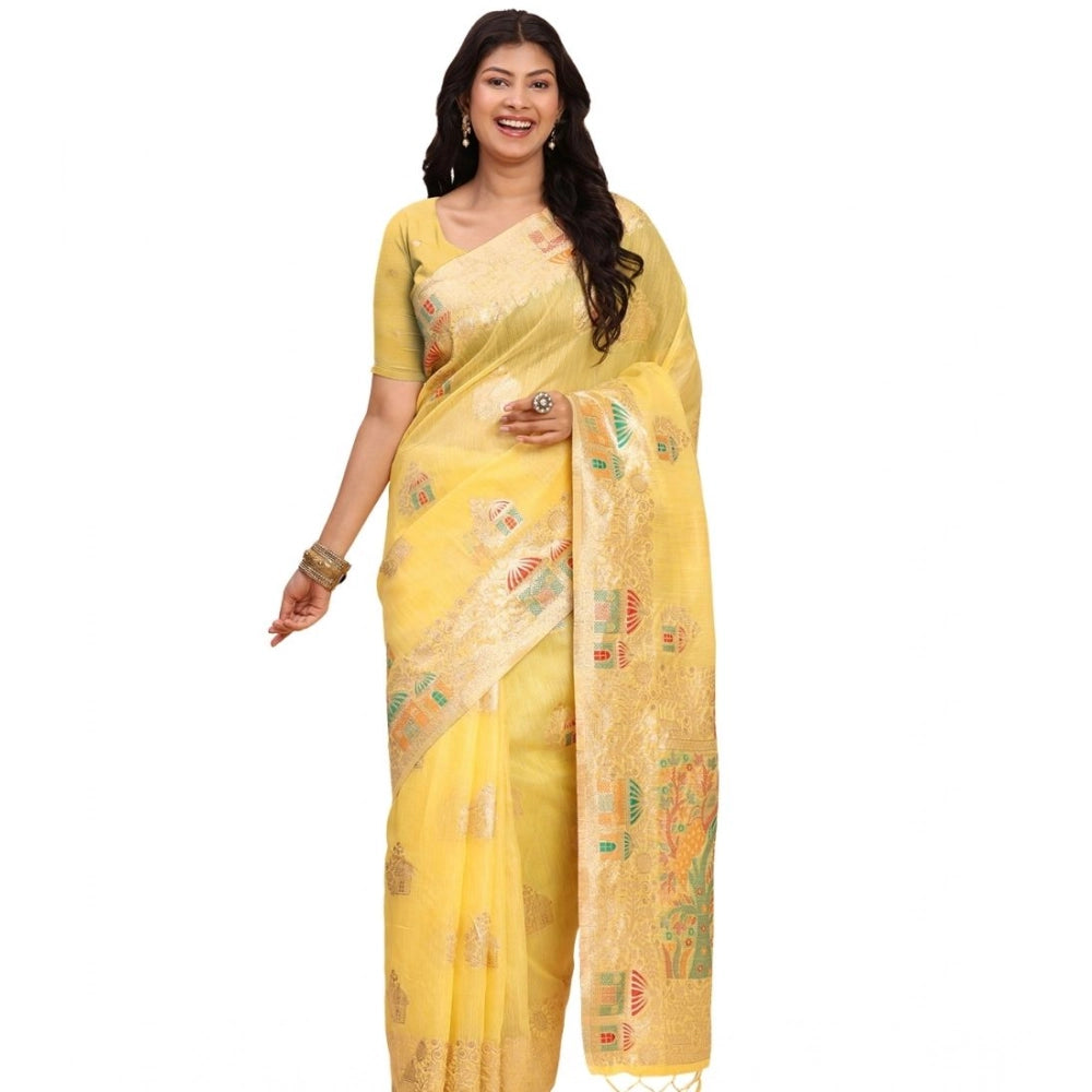 Snuggle Spot Women's Linen Cotton Printed Saree With Unstitched Blouse 5.5Mtr (Yellow)