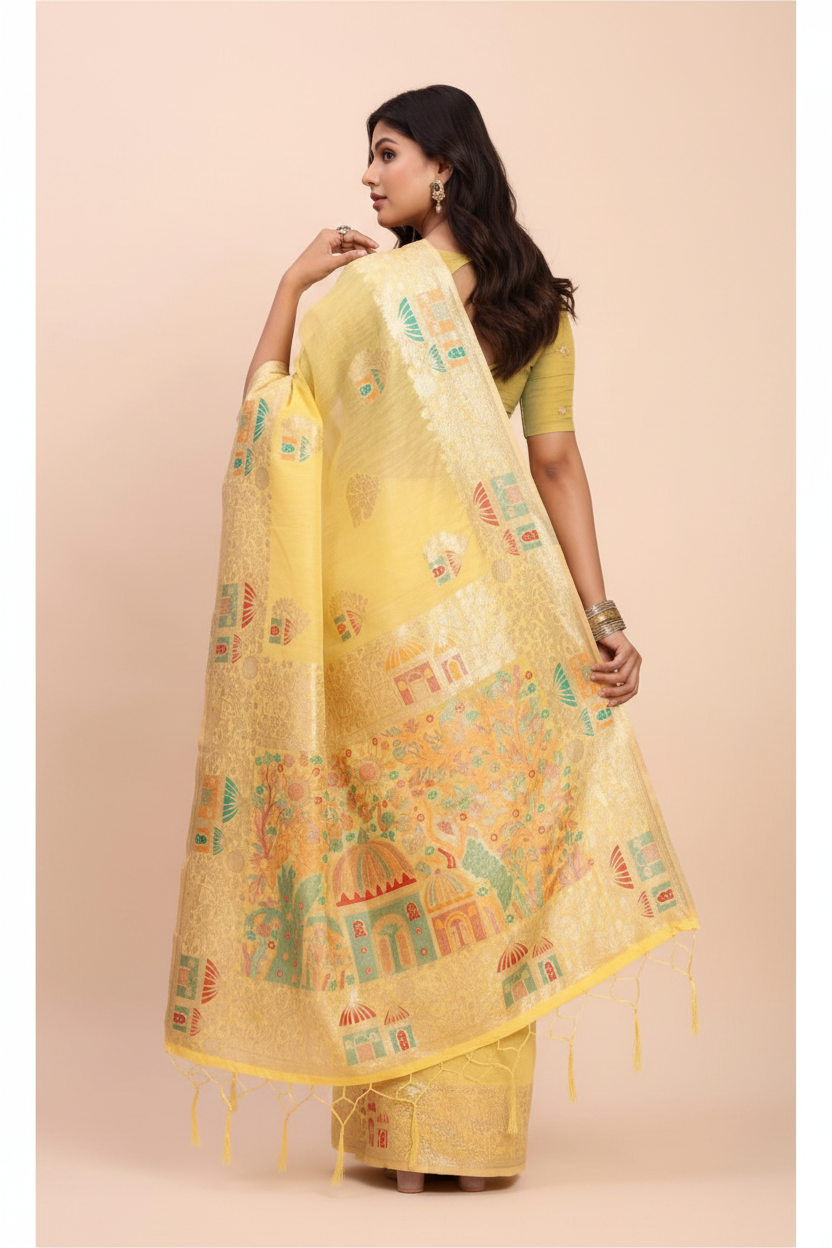 Snuggle Spot Women's Linen Cotton Printed Saree With Unstitched Blouse 5.5Mtr (Yellow)