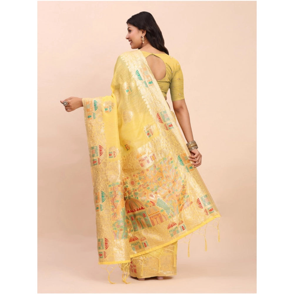 Snuggle Spot Women's Linen Cotton Printed Saree With Unstitched Blouse 5.5Mtr (Yellow)