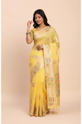 Snuggle Spot Women's Linen Cotton Printed Saree With Unstitched Blouse 5.5Mtr (Yellow)