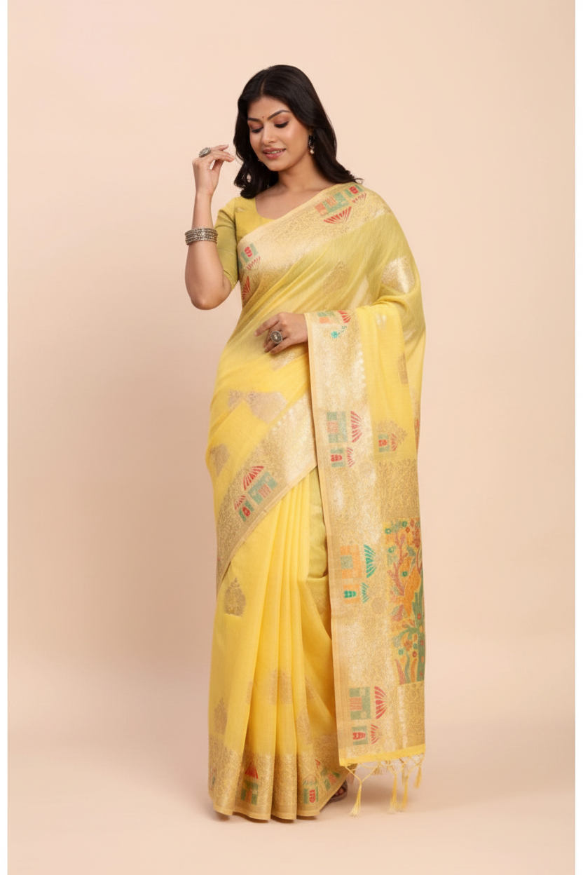 Snuggle Spot Women's Linen Cotton Printed Saree With Unstitched Blouse 5.5Mtr (Yellow)