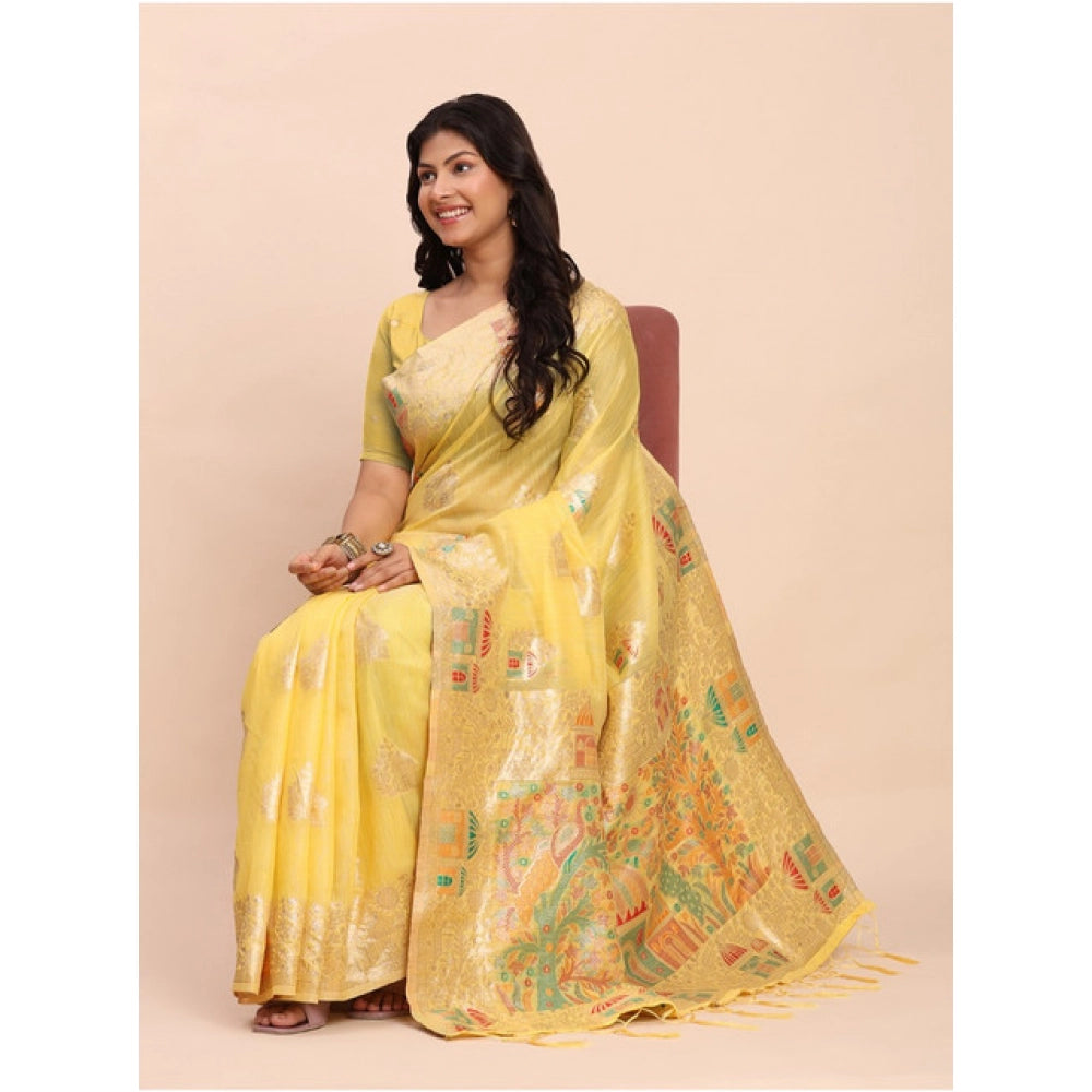 Snuggle Spot Women's Linen Cotton Printed Saree With Unstitched Blouse 5.5Mtr (Yellow)