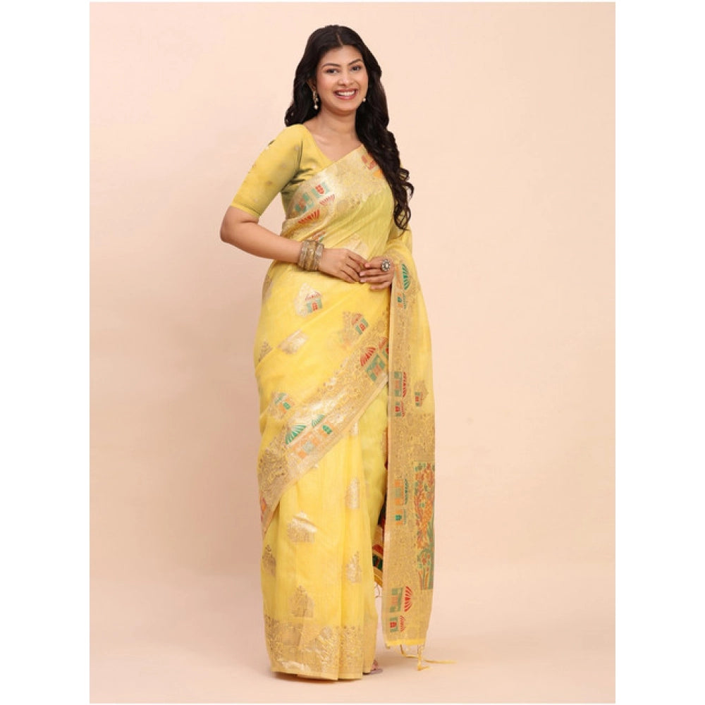 Snuggle Spot Women's Linen Cotton Printed Saree With Unstitched Blouse 5.5Mtr (Yellow)