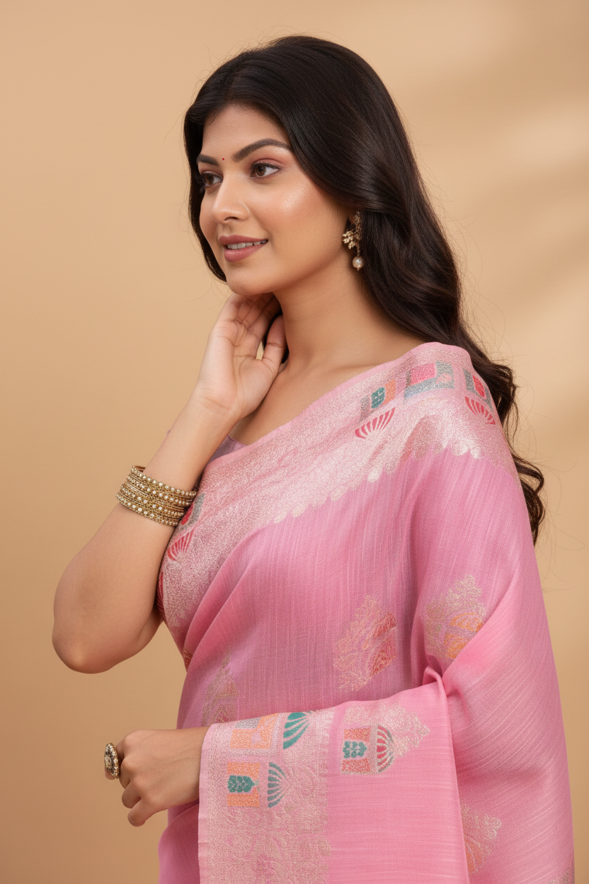 Snuggle Spot Women's Linen Cotton Printed Saree With Unstitched Blouse 5.5Mtr (Pink)