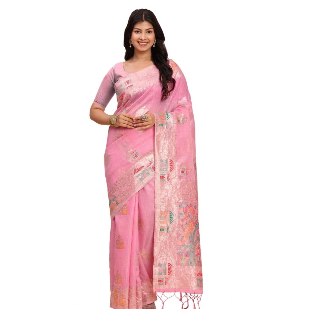 Snuggle Spot Women's Linen Cotton Printed Saree With Unstitched Blouse 5.5Mtr (Pink)