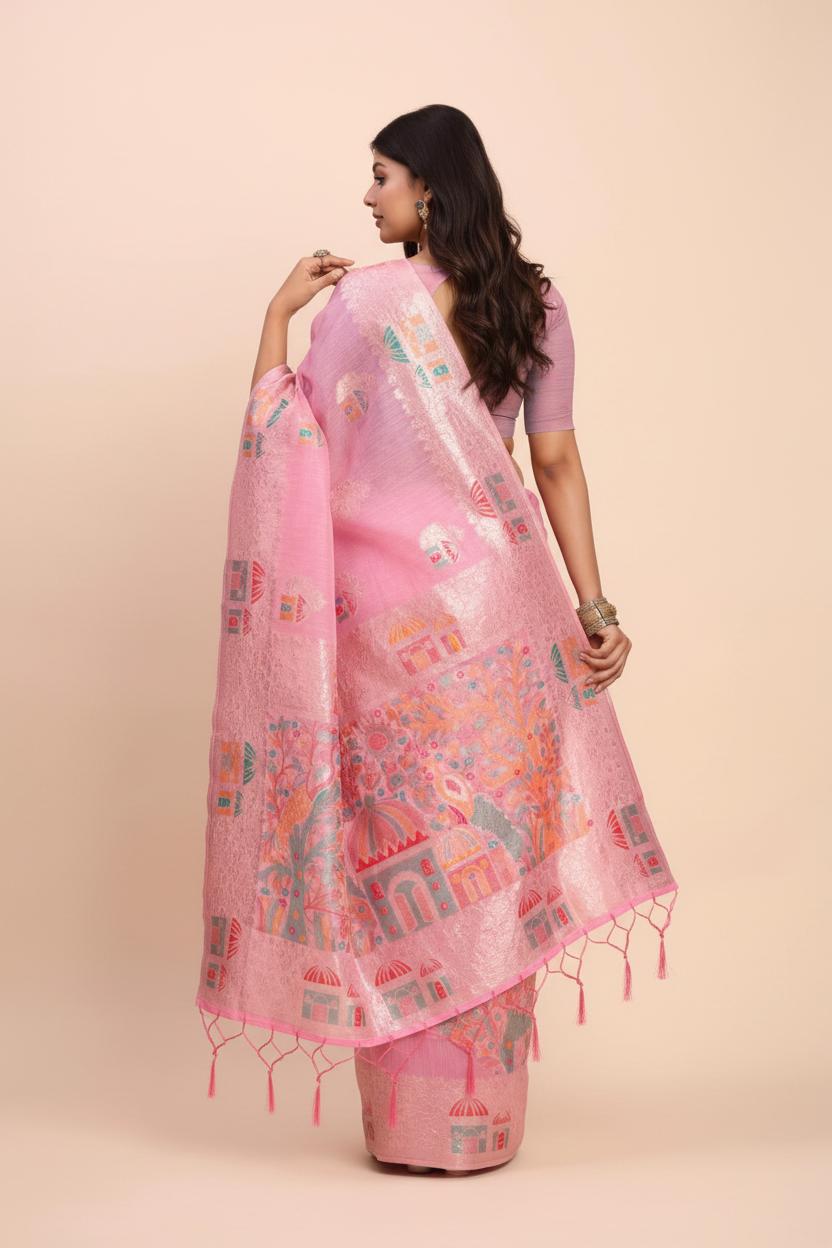 Snuggle Spot Women's Linen Cotton Printed Saree With Unstitched Blouse 5.5Mtr (Pink)