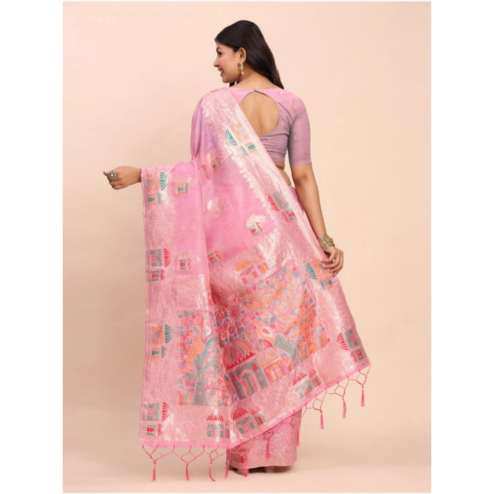 Snuggle Spot Women's Linen Cotton Printed Saree With Unstitched Blouse 5.5Mtr (Pink)