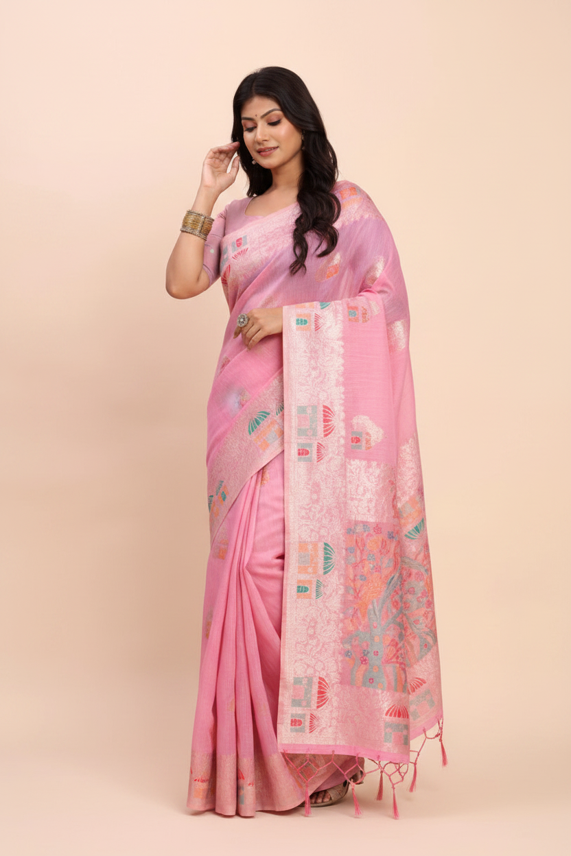 Snuggle Spot Women's Linen Cotton Printed Saree With Unstitched Blouse 5.5Mtr (Pink)