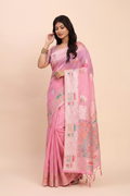 Snuggle Spot Women's Linen Cotton Printed Saree With Unstitched Blouse 5.5Mtr (Pink)
