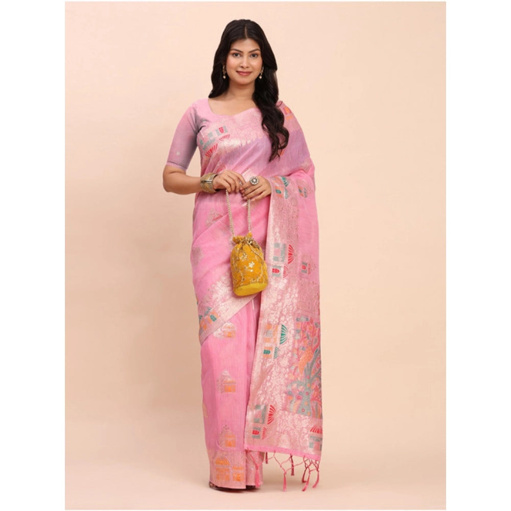 Snuggle Spot Women's Linen Cotton Printed Saree With Unstitched Blouse 5.5Mtr (Pink)