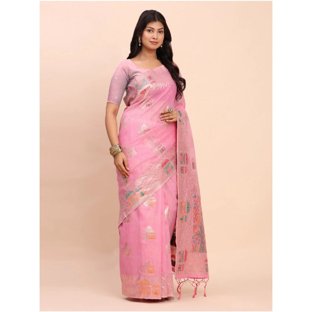 Snuggle Spot Women's Linen Cotton Printed Saree With Unstitched Blouse 5.5Mtr (Pink)