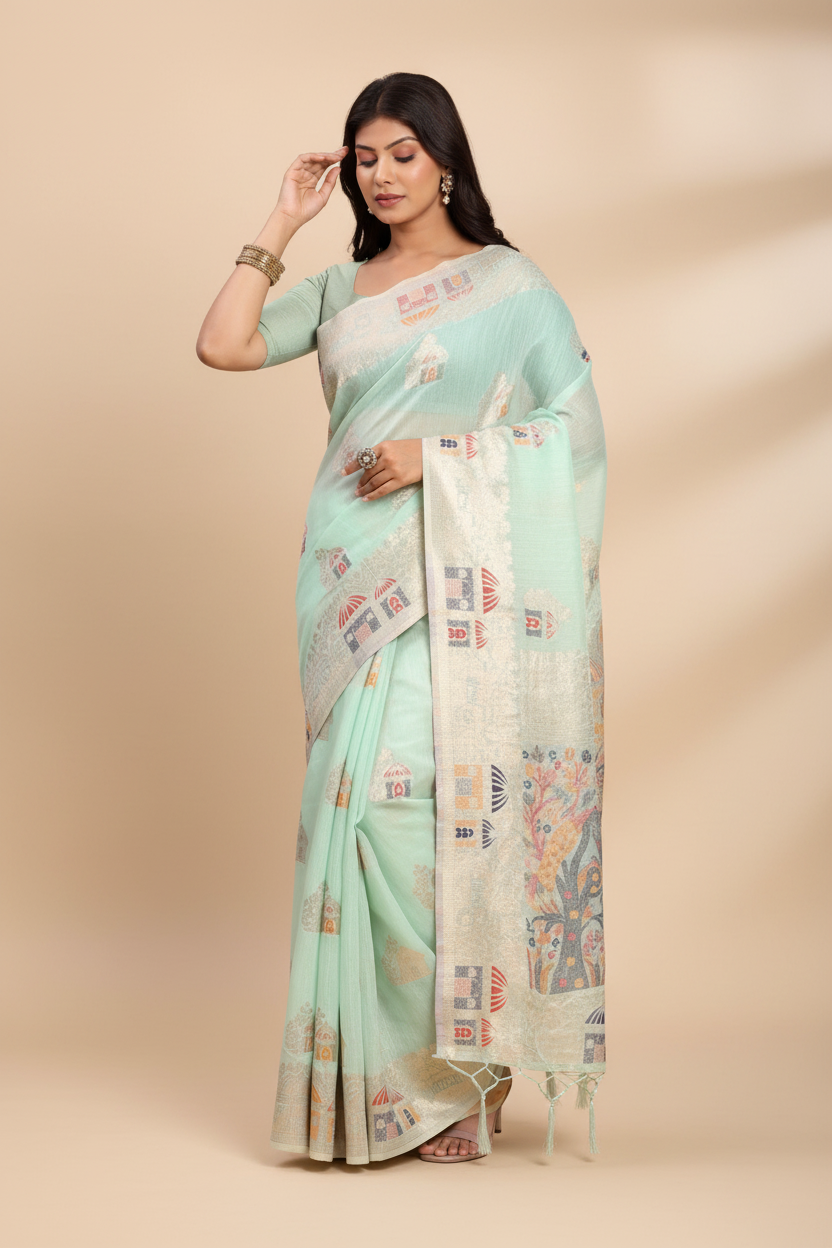 Snuggle Spot Women's Linen Cotton Printed Saree With Unstitched Blouse 5.5Mtr (Sea Green)