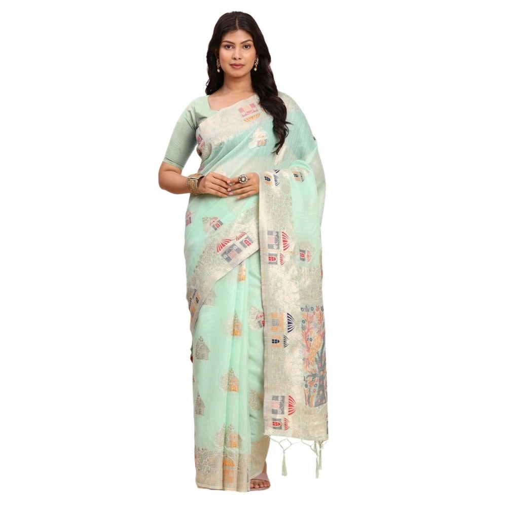 Snuggle Spot Women's Linen Cotton Printed Saree With Unstitched Blouse 5.5Mtr (Sea Green)